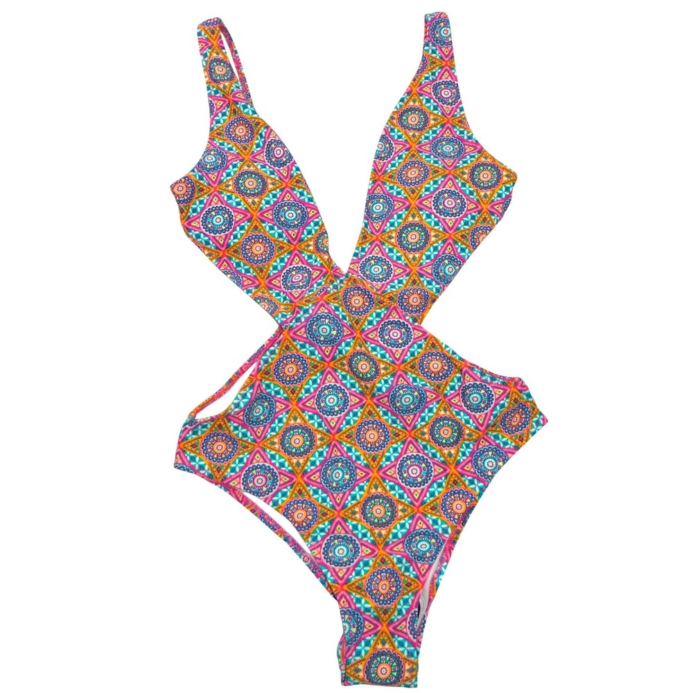 NWT-Volcom Womens Geometric Mandala Print Cut Out Monokini‎ Swimsuit AST M